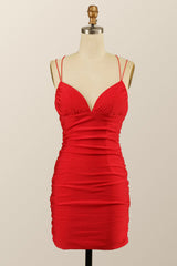 Double Straps Red Empire Red Tight Mini Dress