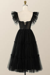Flare Sleeves Black Corset Midi Dress