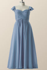 Flare Sleeves Misty Blue Pleated Long Bridesmaid Dress