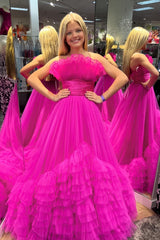 Fit and Flare Red Tulle Ruffles Long Formal Gown