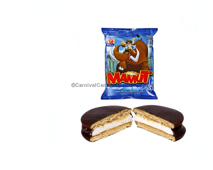 Gamesa Mamut Chocolate Cookie with marshmallow filling and chocolate coating, ideal for bulk Mexican candy lovers.