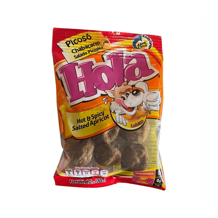 Hola Hot & Spicy Salted Saladitos, a delightful Mexican snack made from dried apricot with spicy seasoning.