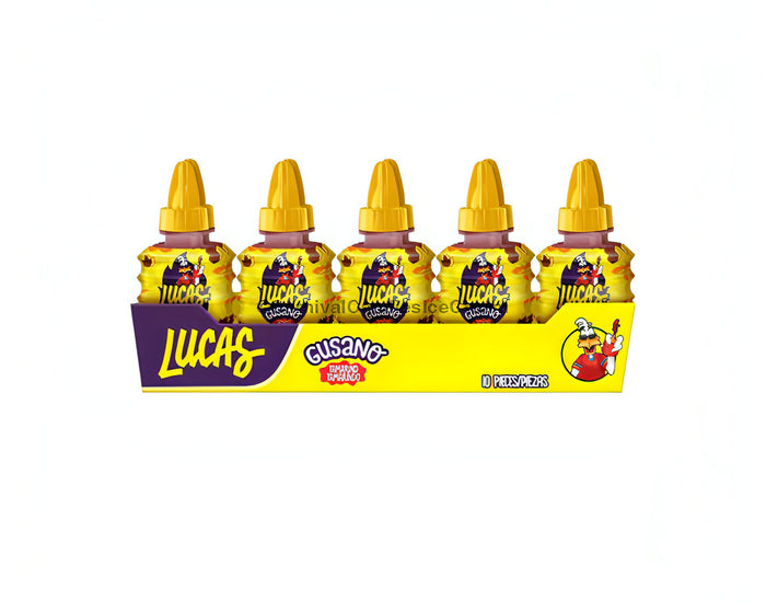 Lucas Gusano Tamarindo Liquid Mexican Candy display with 10 bottles. Bulk Mexican candy treats for sweet and spicy flavors.