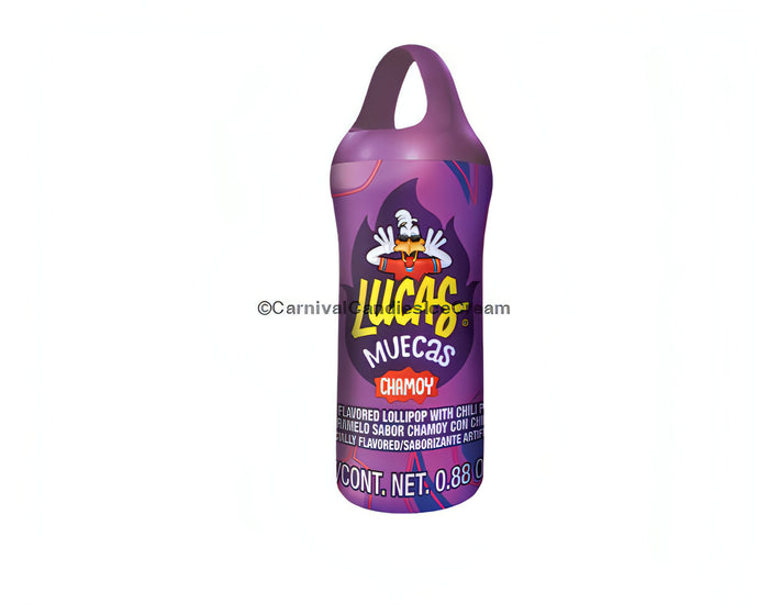 Lucas Muecas Chamoy Mexican candy lollipop packaging featuring sweet and spicy flavors with chili powder.
