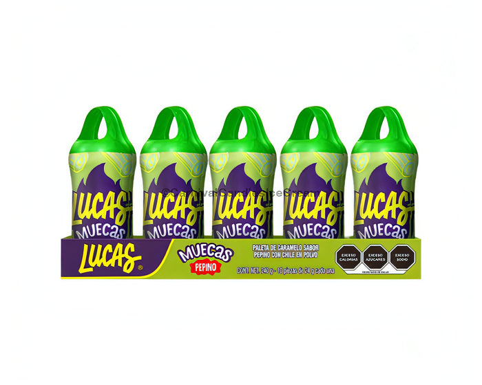 Lucas Muecas Pepino Mexican candy lollipop pack with cucumber flavor and chili powder coating.