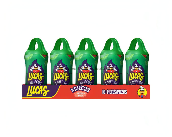 Lucas Muecas Watermelon Mexican lollipop pack featuring 10 count, a sweet and spicy bulk Mexican candy.