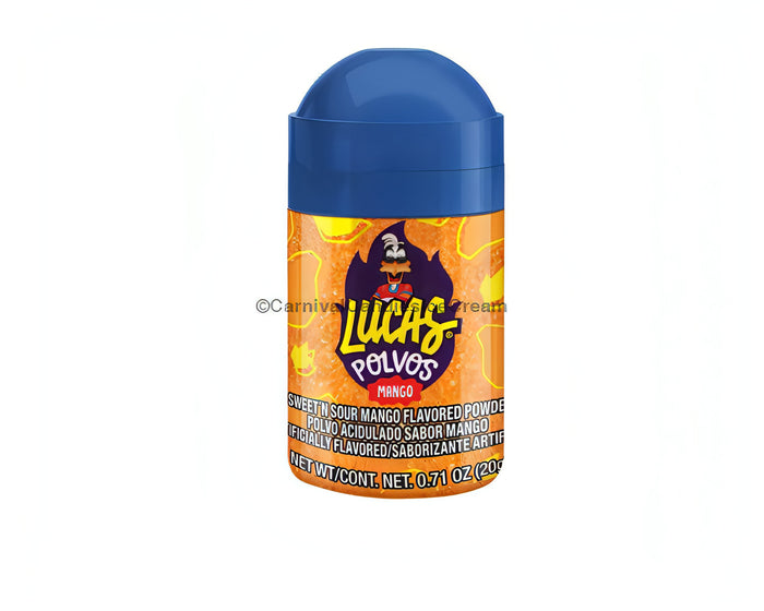 Lucas Polvos Mango Mexican candy container, sweet and sour mango flavored powdered candy, bulk Mexican candy.