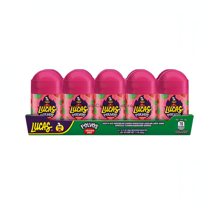 Lucas Polvos Watermelon Mexican candy, five-pack powdered candy pouches, perfect for snacking.