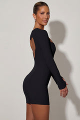 Cut-Out Heart-Detail Bodycon Mini Dress in Black