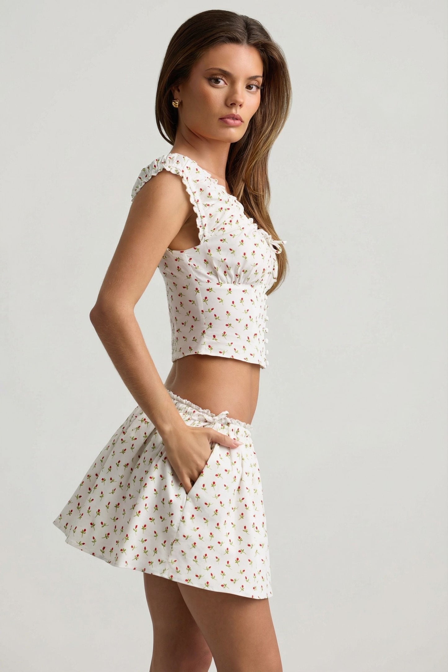 Ruched Cotton-Poplin Corset Top in Rose Print