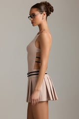 Belted Backless Pleated Mini Dress in Mushroom