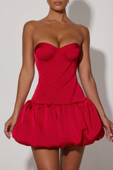 Cut-Out Bubble Hem Corset Mini Dress in Red