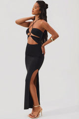 Cut Out Halter Neck Floor Length Maxi Dress in Black