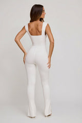 Plunge Neck Ruched Waist Jumpsuit in White