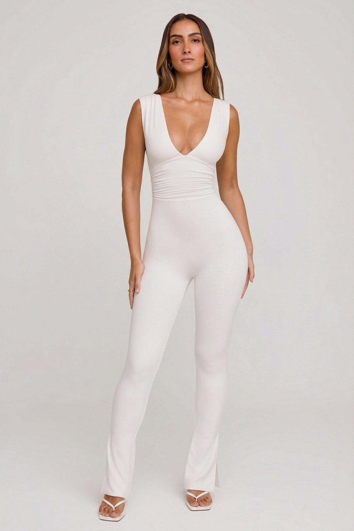Plunge Neck Ruched Waist Jumpsuit in White