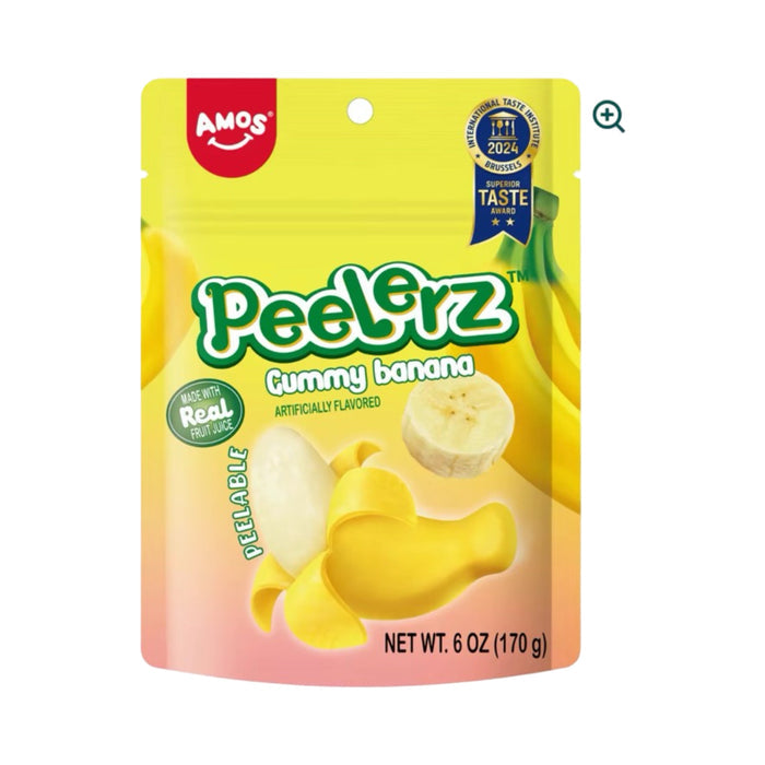 Peelerz Peelable Gummy Banana 6 Oz packaging featuring peelable banana-shaped gummies and real fruit images.