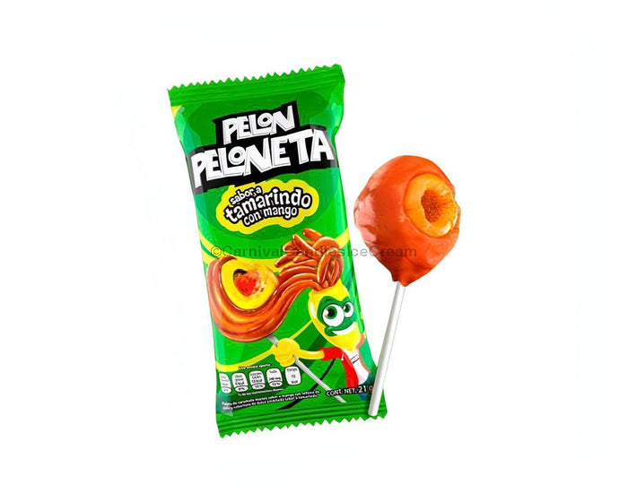 Pelon Peloneta tamarindo lollipops in bulk, featuring a mango flavored layer and tangy chili surprise inside.