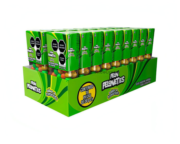 Pelon Pelonetes Tamarindo Chewy Candy Bites display box, bulk Mexican candy, 18 portable containers of sweet tamarind treats.