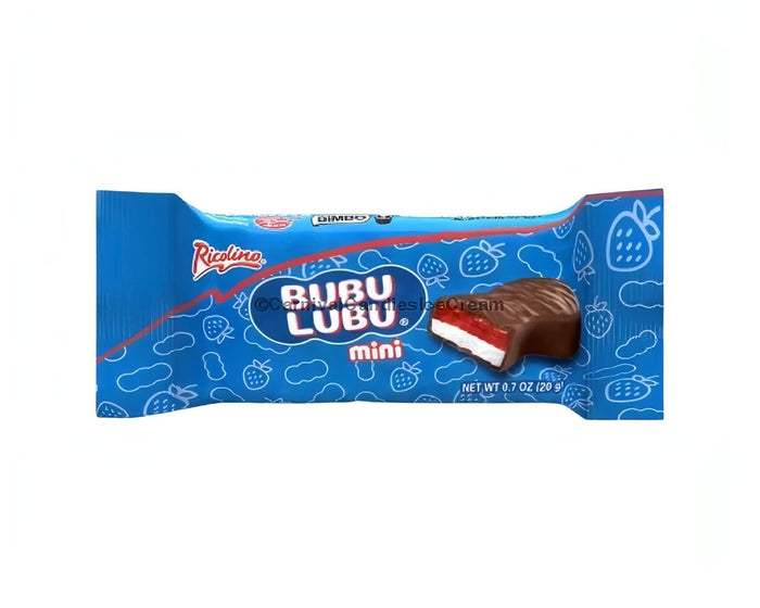 Ricolino Bubu Lubu mini chocolate bar with strawberry marshmallow filling, perfect for bulk Mexican candy lovers.