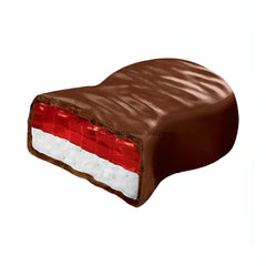 Ricolino Mini Bubu Lubu Chocolate Marshmallow candy with red filling and white marshmallow coated in chocolate.