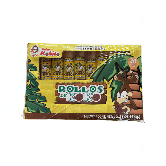 Rollos De Roko Coconut Candy package, 20 count, featuring colorful branding and coconut-themed design. Perfect bulk Mexican candy treat.