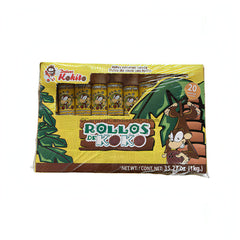 Rollos De Roko Coconut Candy package, 20 count, featuring colorful branding and coconut-themed design. Perfect bulk Mexican candy treat.