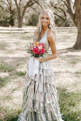 Halter Coral Metallic A-line Ruffle Prom Dress