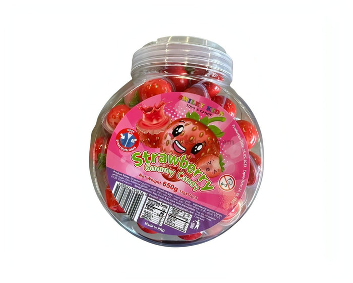 A jar of Strawberry Gummy Candy showcasing the bright red gummies shaped like strawberries for a fruity treat.