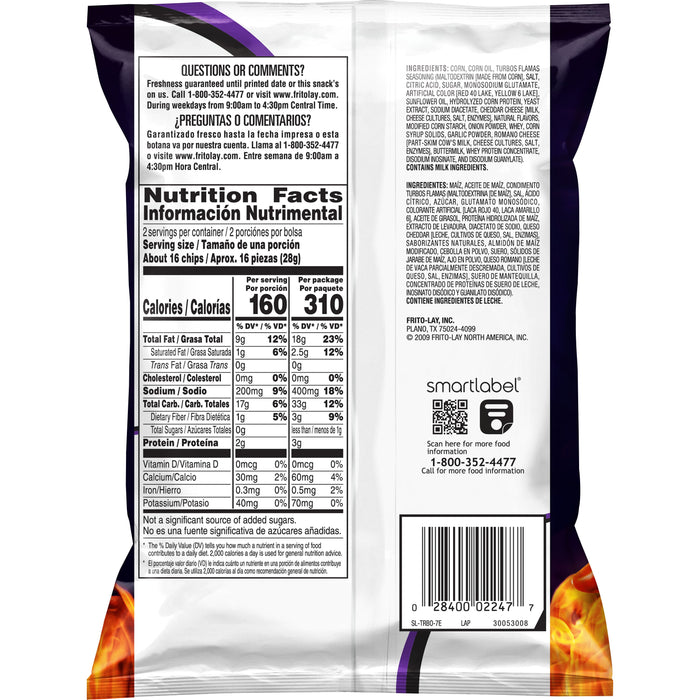 Nutrition facts label for Turbos Flamas spicy corn chips, highlighting calorie count and serving size.