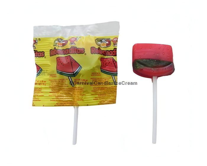 Vero Rebanaditas Watermelon Lollipops with packaging, bulk Mexican candy, sweet watermelon flavor, no chili.
